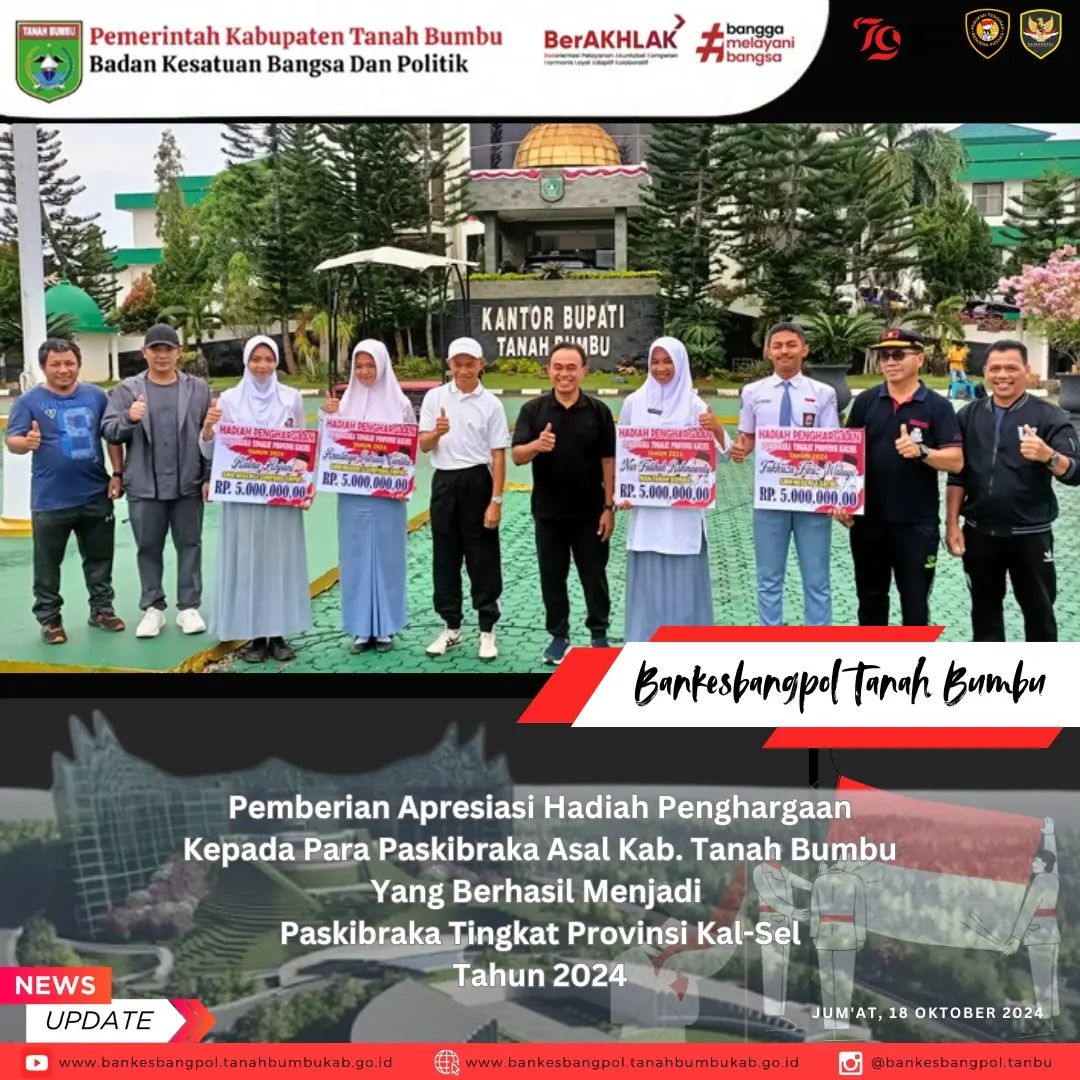 Pemerintah Kabupaten tanah bumbu melalui badan kesatuan bangsa dan politik kab. Tanah Bumbu memberikan apresiasi kepada para Paskibraka Kabupaten Tanah bumbu yang telah berhasil menjadi Paskibraka di tingkat provinsi kalimantan selatan tahun 2024